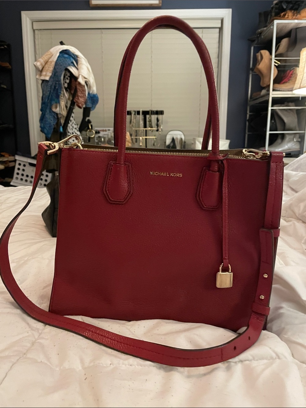 Michael Kors Cherry Red Leather Satchel with Gold-Tone Hardware